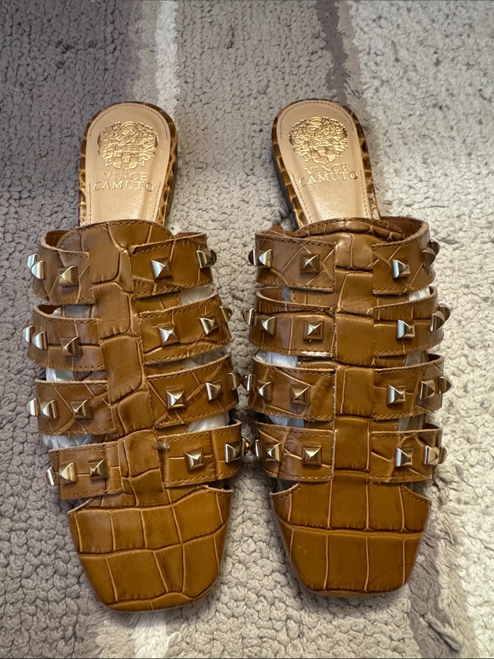 Vince Camuto Tan Croc-Embossed Studded Slide Mules